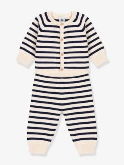 Ensemble 2 Pièces Bébé En Tricot Rayé Laine Et Coton PETIT BATEAU Blanc Imprimé - Petit Bateau