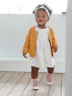 Ensemble 3 Pièce Robe + Cardigan + Bandeau Bébé Fille Ivoire Imprimé - Vertbaudet