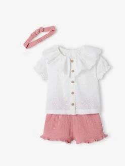 Ensemble 3 Pièces Bébé Blouse Brodée, Short En Gaze De Coton Et Son Bandeau Assorti Rose - Vertbaudet
