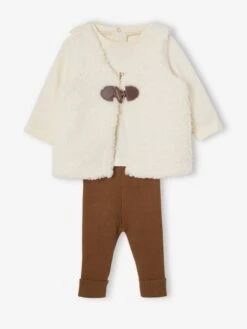 Ensemble 3 PiÚces Bébé : Gilet En Fausse Fourrure, T-shirt Et Legging Beige - Vertbaudet