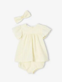 Ensemble 3 Pièces Bébé : Robe + Bloomer + Bandeau Jaune Pastel - Vertbaudet