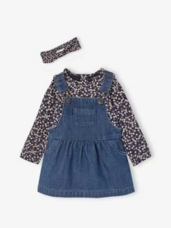 Ensemble 3 Pièces Bébé : Robe-salopette En Denim, T-shirt Et Bandeau Bleu Nuit - Vertbaudet