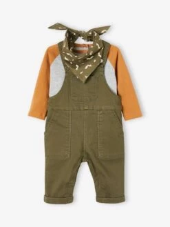 Ensemble 3 Pièces Bébé Salopette, T-shirt Et Bandana Kaki - Vertbaudet