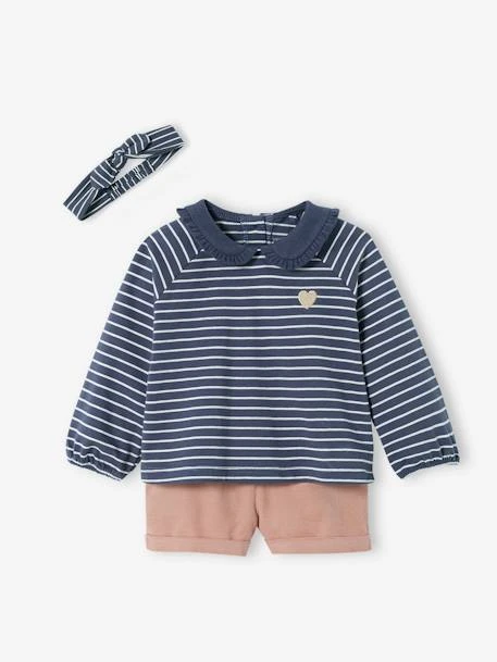 Ensemble 3 Pièces Bébé Short En Velours, T-shirt Et Bandeau Bleu Foncé Rayé - Vertbaudet