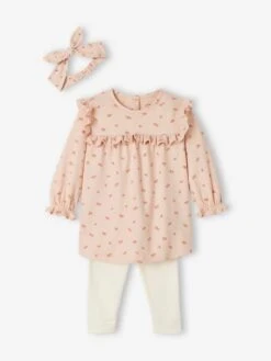 Ensemble Bébé 3 Pièces : Robe + Legging + Bandeau Rose Poudré - Vertbaudet