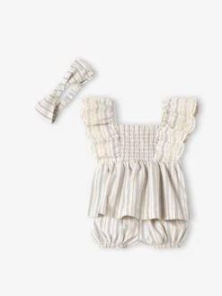 Ensemble Bébé Blouse, Short Et Bandeau Beige Clair Rayé - Vertbaudet