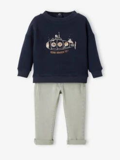 Ensemble Bébé Sweat En Molleton + Pantalon En Sergé Encre - Vertbaudet