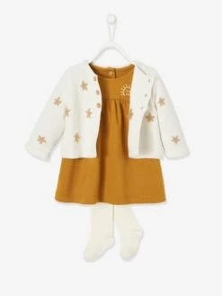 Ensemble Cardigan Brodé + Robe En Molleton + Collant Bébé Caramel Imprimé - Vertbaudet