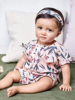 Ensemble Combinaison Et Bandeau Bébé Fille En Voile De Coton Imprimé Fleurs Rose Poudré - Vertbaudet