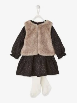 Ensemble Robe + Gilet Sans Manches En Fausse Fourrure + Collant Bébé Noir Imprimé - Vertbaudet
