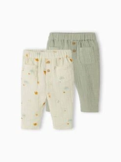 Lot De 2 Pantalons En Gaze De Coton Bébé Vert D'eau - Vertbaudet