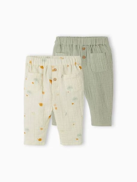 Lot De 2 Pantalons En Gaze De Coton Bébé Vert D'eau - Vertbaudet