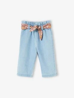 Pantalon Large En Denim Bébé Avec Ceinture En Tissu Fleuri Stone - Vertbaudet