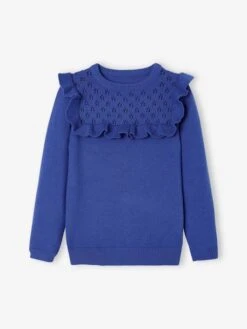 Pull à Volant Fille Détail Maille Ajourée Bleu - Vertbaudet