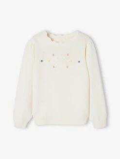 Pull Brodé Fleurs Fille écru - Vertbaudet