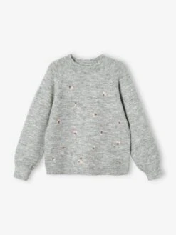 Pull Brodé Fleurs Fille Gris Chiné - Vertbaudet