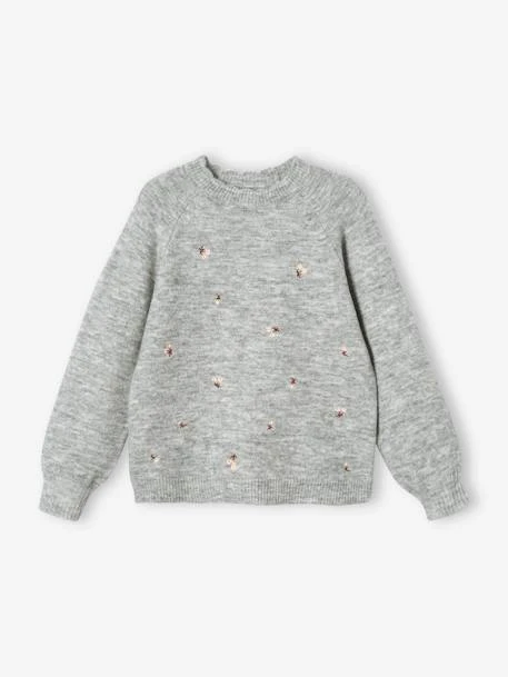 Pull Brodé Fleurs Fille Gris Chiné - Vertbaudet