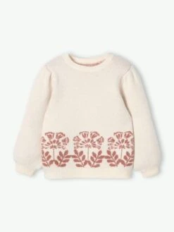 Pull Douillet Motifs Jacquard Fleurs Fille Beige - Vertbaudet