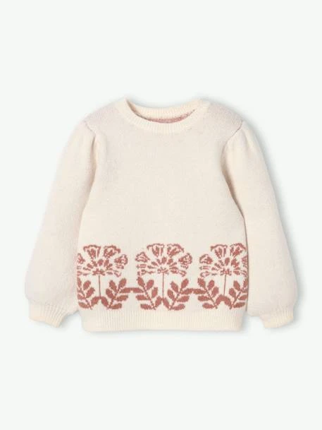 Pull Douillet Motifs Jacquard Fleurs Fille Beige - Vertbaudet