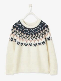 Pull Jacquard Fille Motifs Irisés Ivoire - Vertbaudet