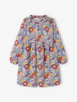 Robe à Fleurs Smokée épaules Fille Bleu Jean Imprimé - Vertbaudet
