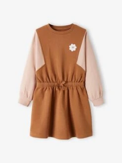 Robe Bicolore En Molleton Fille Badge Fleur Brodé Bicolore - Vertbaudet