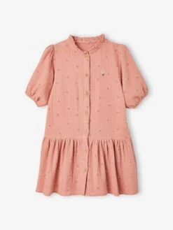 Robe Boutonnée En Gaze De Coton Fille Manches 3/4 Moutarde - Vertbaudet