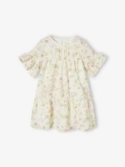 Robe De Cérémonie Volantée Motifs Fleurs Fille écru - Vertbaudet