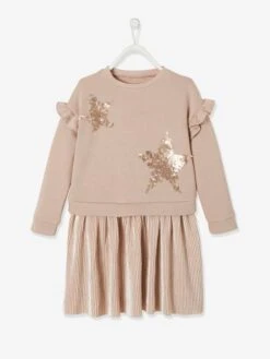 Robe De Fête Bi-matière Fille Motifs En Sequins Rose - Vertbaudet
