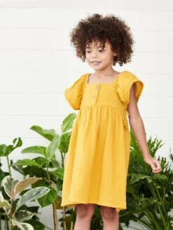 Robe En Gaze De Coton Détails Fantaisie Fille Moutarde - Vertbaudet
