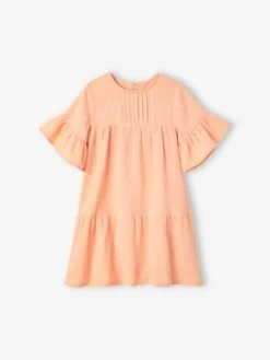 Robe En Gaze De Coton Fille Abricot Poudré - Vertbaudet
