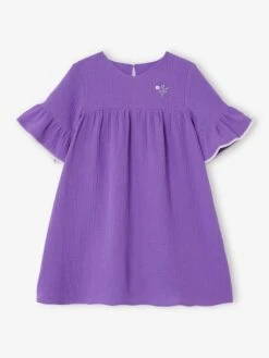 Robe En Gaze De Coton Manches 3/4 Volantées Fille Violet - Vertbaudet