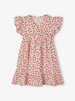 Robe En Gaze De Coton Motifs Pommes Fille Effet Portefeuille écru - Vertbaudet