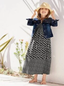 Robe Longue à Volants Noir Imprimé - Vertbaudet