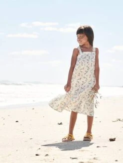 Robe Longue En Gaze De Coton Fille Orange - Vertbaudet