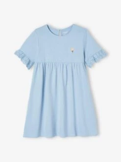 Robe Manches Courtes En Broderie Anglaise Fille Bleu Grisé - Vertbaudet