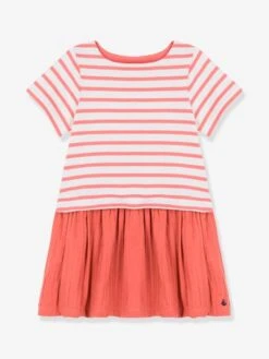 Robe Manches Courtes En Jersey Et Gaze De Coton Bio PETIT BATEAU Rayé Papaye - Petit Bateau
