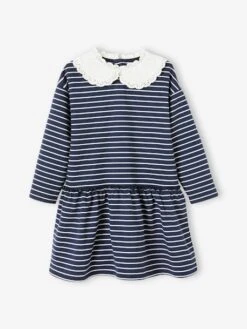 Robe Marinière Col Claudine Fille Encre Rayé - Vertbaudet