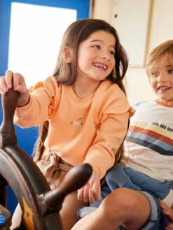 Sweat à Volants En Maille Nid D'abeille Fille Abricot - Vertbaudet