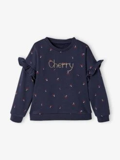 Sweat à Volants Fille Détails Fantaisie Bleu Imprimé Cerises - Vertbaudet