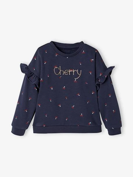 Sweat à Volants Fille Détails Fantaisie Bleu Imprimé Cerises - Vertbaudet
