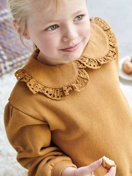 Sweat Col Claudine En Broderie Anglaise Fille Caramel - Vertbaudet